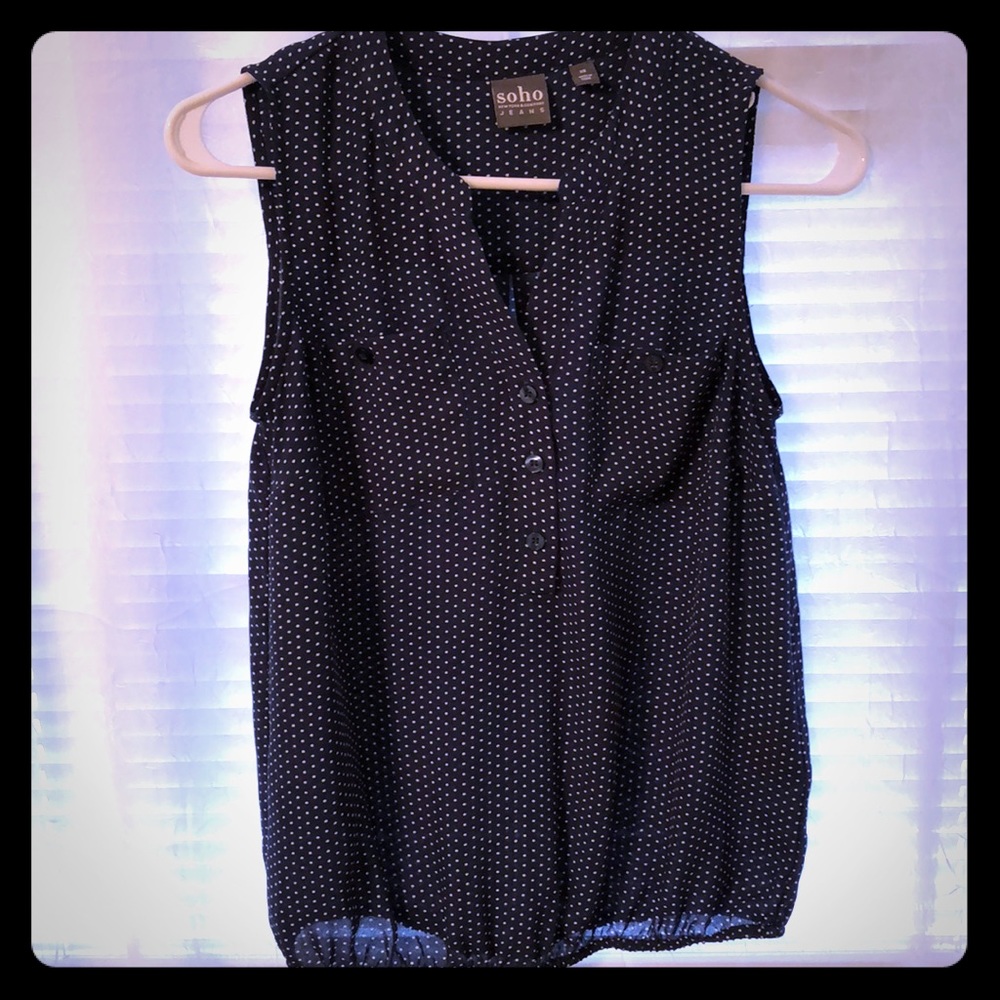 Navy Blue and white polka dot sleeveless blouse